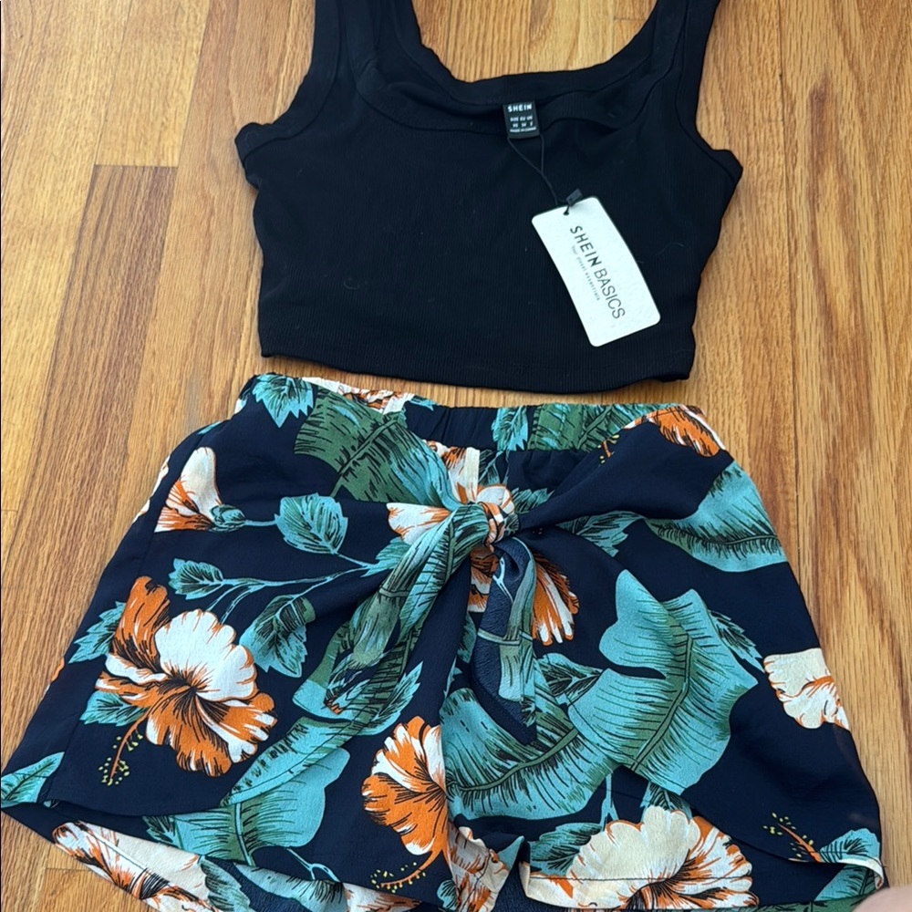 Black Crop Top and Floral Shorts Set